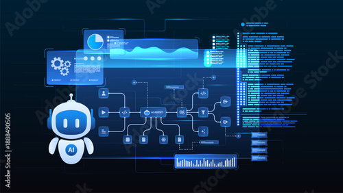 AI workflow automation artificial intelligence. ai agent workflow diagram dashboard machine learning with flow process, coding, and processing system.