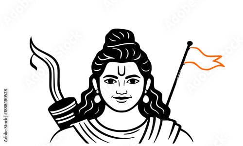 Lord Rama Illustration with Bow, Quiver and Saffron Flag, Hindu God Shri Ram Vector Art, Spiritual Indian Mythology Graphic for Ram Navami and Diwali Festivals, Isolated on White Background