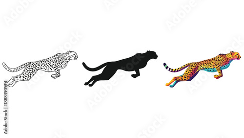 Three distinct artistic interpretations depict a fast-moving cheetah in full stride showcasing line art silhouette and vibrant color styles