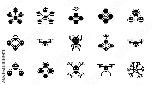 Various drone and molecular structure icons displayed on a white background