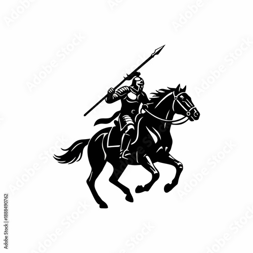 Medieval knight riding a horse with spear black and white vector illustration