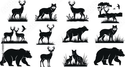 Collection of wild animal silhouettes featuring deer bear wolf fox and birds in forest landscape for nature conservation wildlife hunting and outdoor adventure designs
