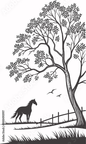 Silhouette of a Horse Under a Tree with Birds.