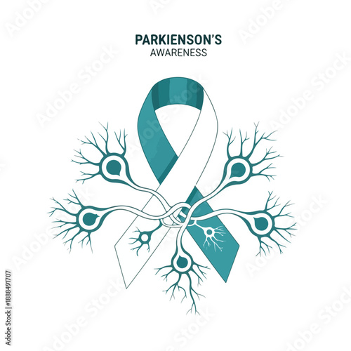 Teal ribbon with neurons for Parkinson's awareness