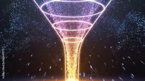 Abstract funnel illustration with glowing particles, representing data filtering and conversion processes.