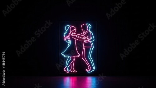 Vibrant neon outline of a dancing couple creating a dynamic glow in a dark, atmospheric setting