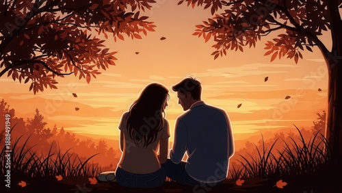 Romantic autumn evening for a couple sitting together under a tree watching the beautiful sunset