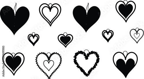 Collection of various black heart silhouettes and decorative hanging charms for romantic themes, Valentine's Day, and wedding decorations