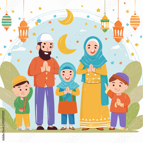 Cute flat vector illustration of a Muslim family celebrating Eid al Fitr with modest hijab clothing and generic facial features