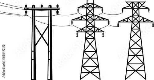 Electric power line towers illustration showing utility poles and high voltage pylons, energy transmission infrastructure concept isolated on white background, industrial engineering vector design