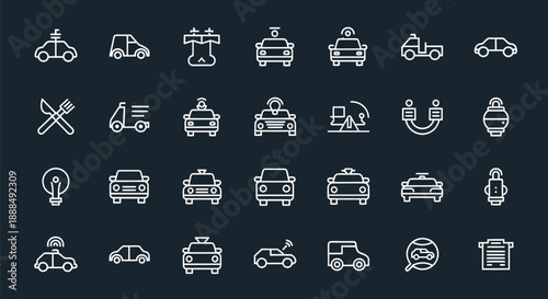 Set of line art car icons for transportation technology and innovation