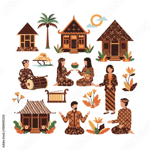 Traditional village scene with people and houses