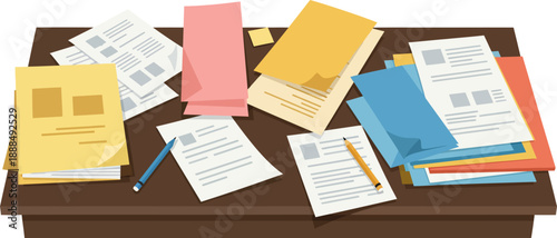 Cluttered Office Desk with Piles of Paperwork Documents and Folders Illustration