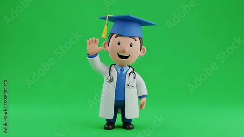 Cartoon Doctor Graduation Green Screen - A 3D video cartoon doctor character stands wearing a graduation cap and lab coat against a vibrant green screen background.