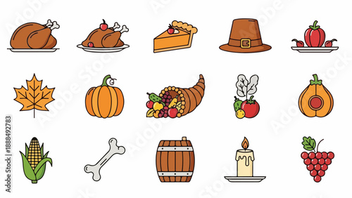 Various Thanksgiving food and symbols illustrated