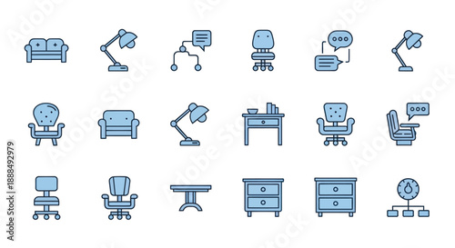 Office icons collection of work furniture and communication elements