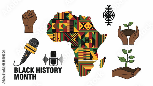 Vibrant African continent with kente cloth pattern and symbols