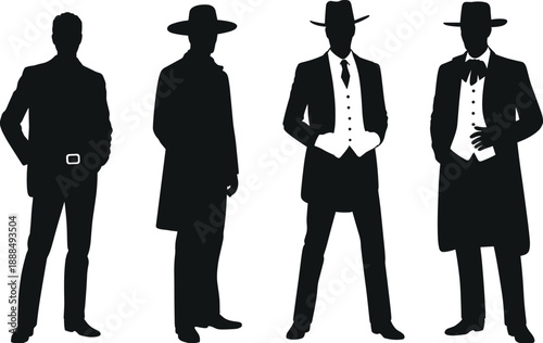 western man silhouette, formal male figure, cowboy outfit vector, vintage gentleman, frontier fashion, 19th  