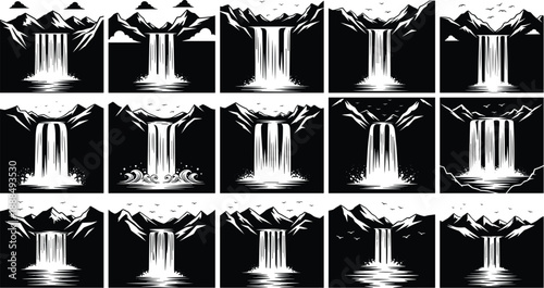 Stylized waterfall illustrations in mountain landscapes, bold black and white nature scenes, graphic vector set, cad drawing flat vector illustration