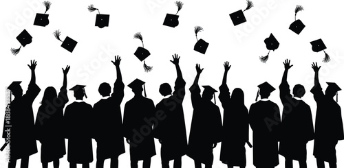 Graduation celebration silhouette with students tossing caps, academic success vector illustration, joyful ceremony moment, cad drawing flat vector illustration