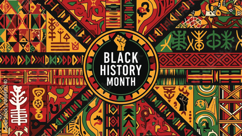 Vibrant Afrocentric pattern celebrating Black History Month with diverse symbols