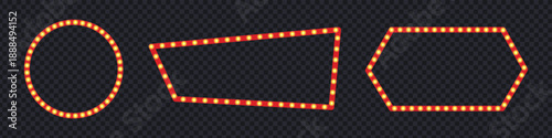 Marquee sign box icon set vector. Circle, trapezium, and hexagon retro red light frames. Red neon cinema box, empty frame with gold lights, circus, casino, karaoke bar symbol. vector illustration.