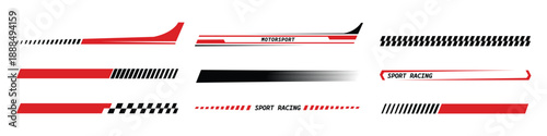 Sport racing stripes icon set vector. Turbo power, speed and drift vinyl decal for car bike and truck. Vehicle red and black tuning, motor transport modification symbol. vector illustration.