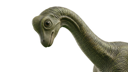 Close-up of a green dinosaur figurine with a long neck on a transparent background.