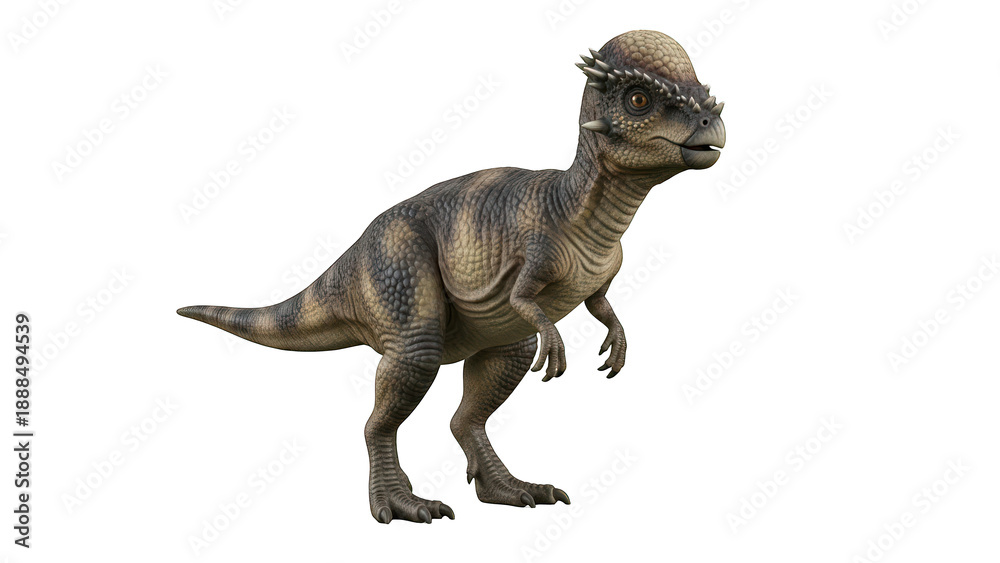 Fototapeta premium A brown dinosaur toy with a distinctive crest on its head stands on a transparent background.