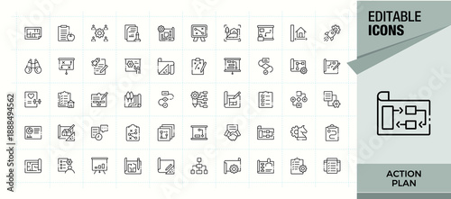Action Plan line icon set. Resources icon set. Set of line pictogram.Resources, implementation, act, achieve and more. Pixel perfect. Editable vector.