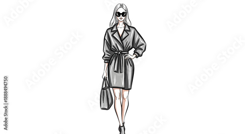 Fashionable woman in stylish trench coat and sunglasses walking confidently.