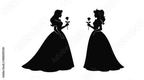 Two elegant women holding roses facing each other a striking silhouette