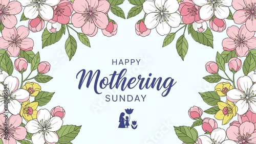 Happy Mothering Sunday Floral Frame with Mother and Baby Illustration