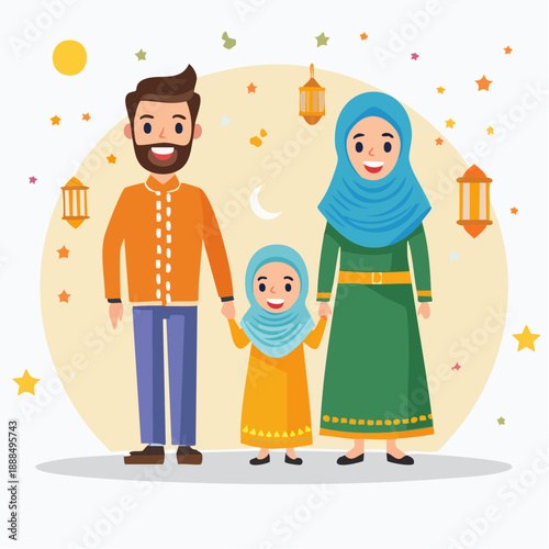 Minimal flat vector illustration of Muslim family together celebrating Eid al Fitr with modest clothing