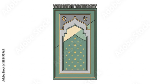 Islamic Prayer Rug with Green Background and Golden Stars, Top View, Isolated on White