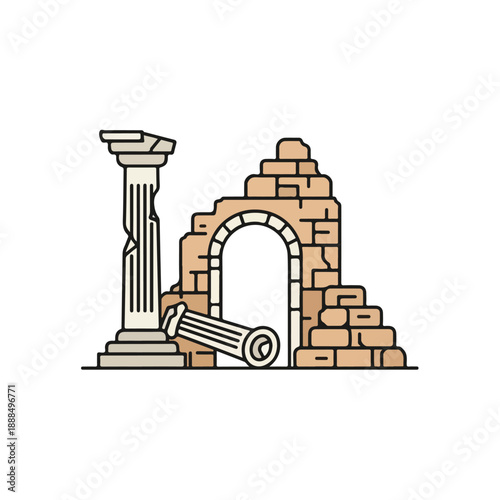 Ancient Ruins Arch Columns and Brick Wall