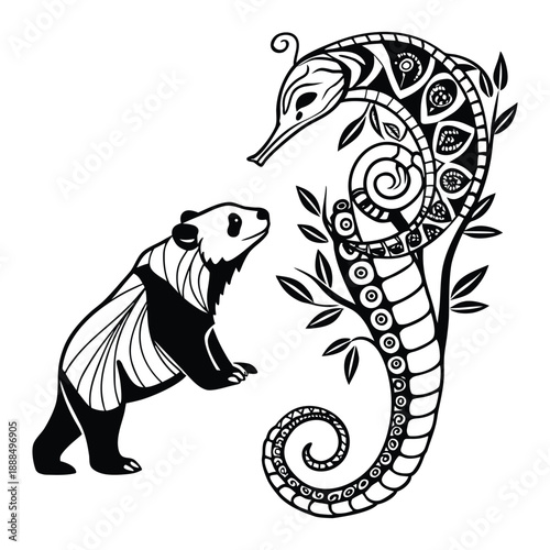 Panda and Seahorse Tribal Art Illustration - Black and White Zen Animal Silhouette