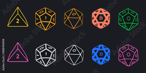 Colorful set of polyhedral dice including d4 d6 d8 d10 and d12