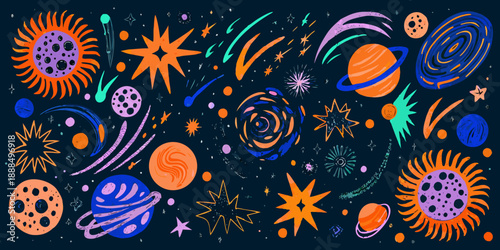 Colorful illustration of planets stars and cosmic swirls in space