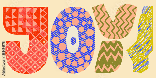 Colorful typographic illustration spelling out the word joy with patterns