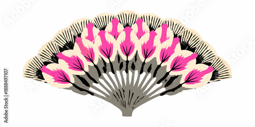 Stylized pink and gray fan shaped floral design on a white background