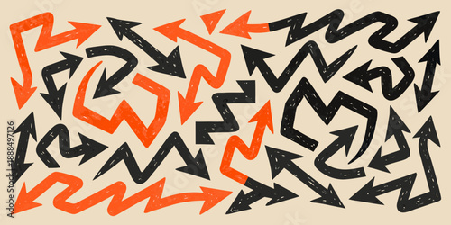 Abstract pattern of overlapping black and orange arrows on a beige background