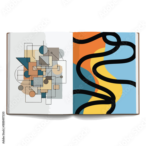 Abstract Open Book with Geometric Shapes and Curved Road Patterns