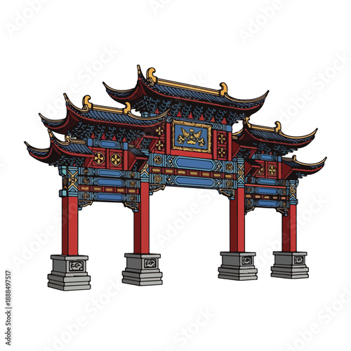 Traditional Asian Archway Gate with Decorative Roof