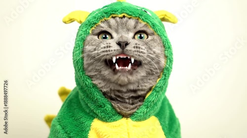 Cat Wearing Dragon Costume Roaring with Mouth Open, Displaying Teeth on White Background