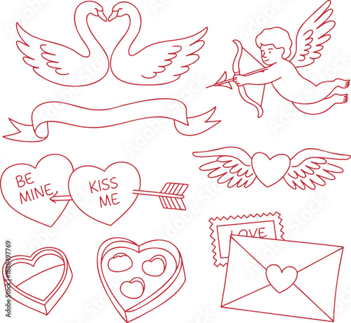 Red outline drawings of romantic Valentines Day elements like swans, Cupid, hearts, and a love letter