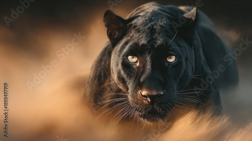 A majestic black panther with piercing golden eyes stares intently, captured in a dramatic close-up with warm, golden lighting and a blurred natural background.
