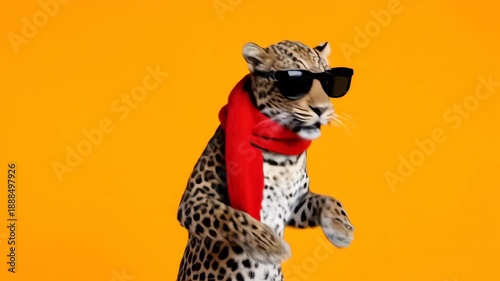 Leopard Wearing Black Sunglasses and a Red Scarf Standing and Moving Against Orange Background