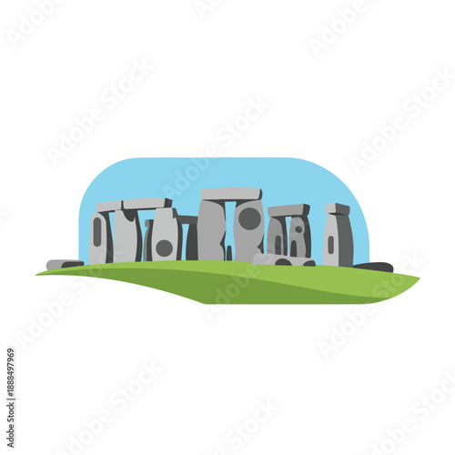 Stonehenge like rock formations on grassy landscape