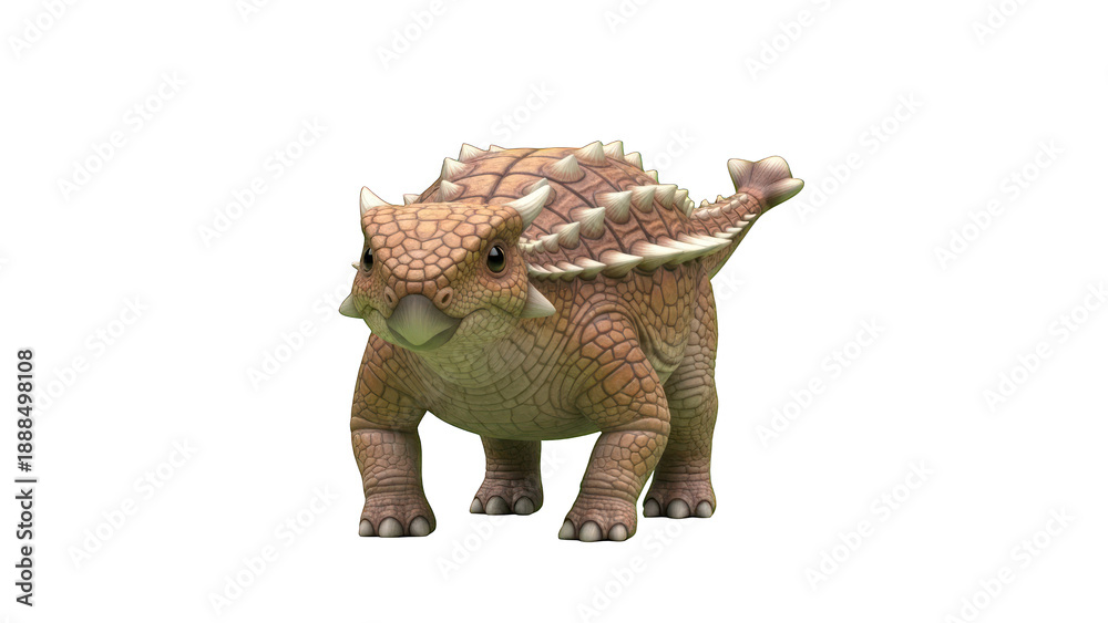 Fototapeta premium A Stegosaurus toy with a green underbelly and brown spikes stands on a transparent background.